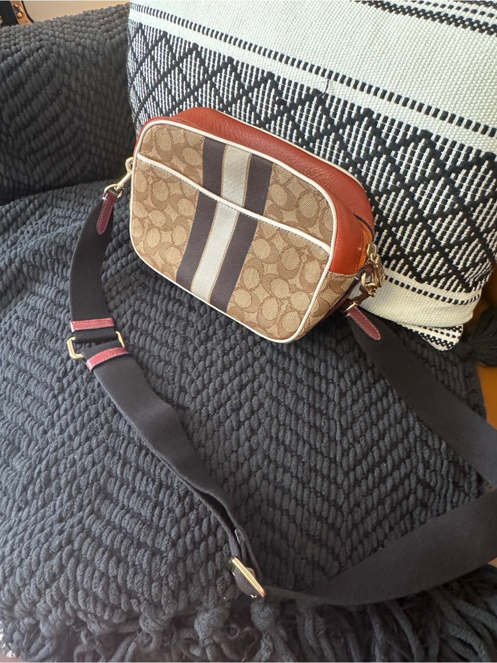 Coach Signature Stripe Crossbody Bag in Brown and Orange - Picture 4 of 9